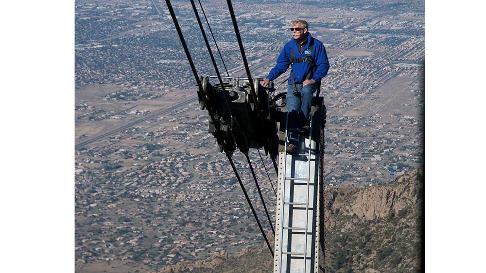 George Boyden atop Tower 2 of the Sandi Peak Tram.