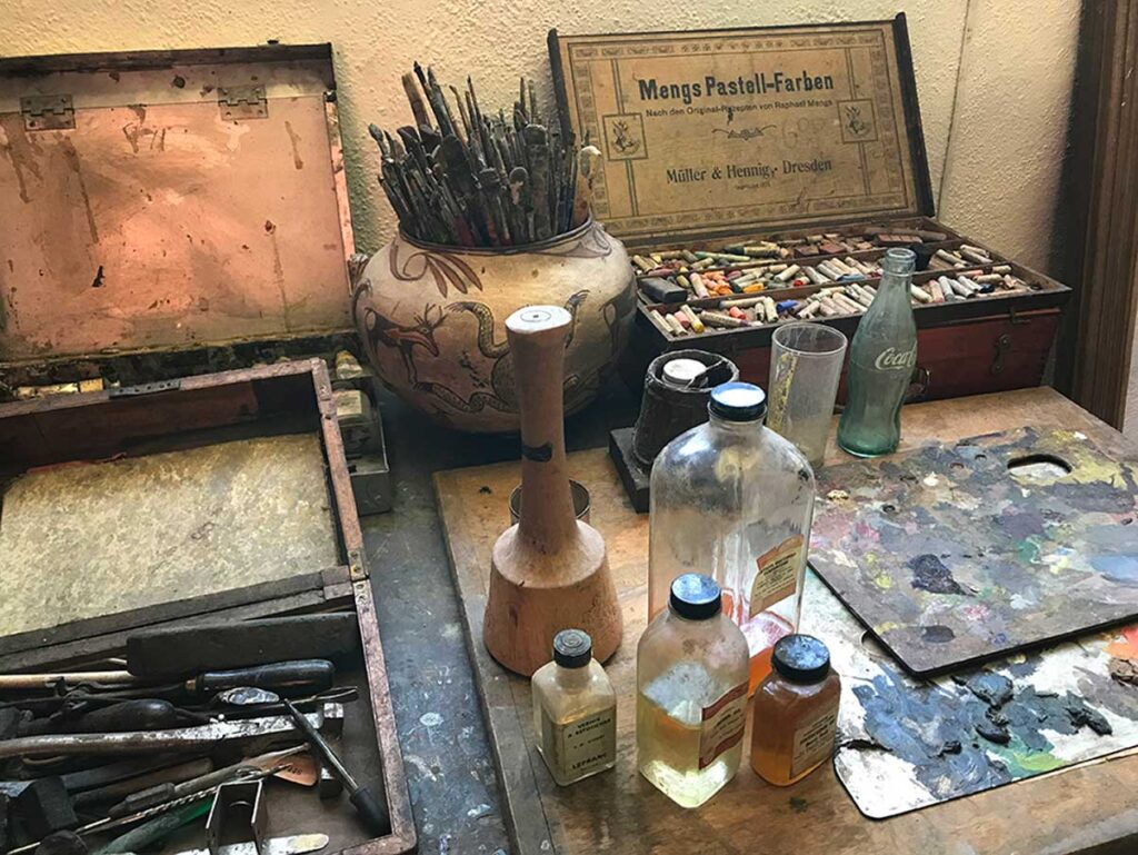 Painting supplies at Randall Davey's studio.