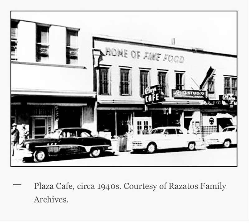 1940s photo of the exterior of the Plaza Cafe in Santa Fe, New Mexico