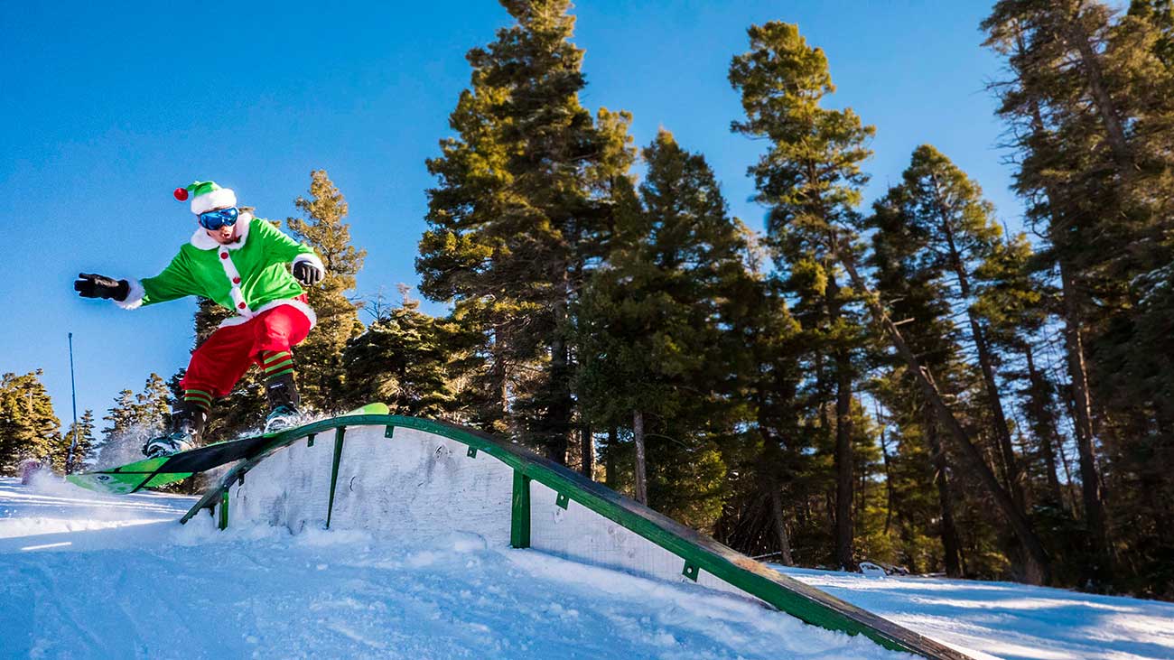 Santa snowboarder at Angel Fire Resort