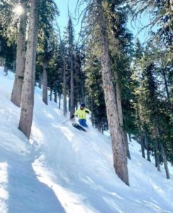 Ski Santa Fe has some of the best tree skiing in the state, some on moderate slopes and some, as here, on steeps. Photo courtesy Ski SF.