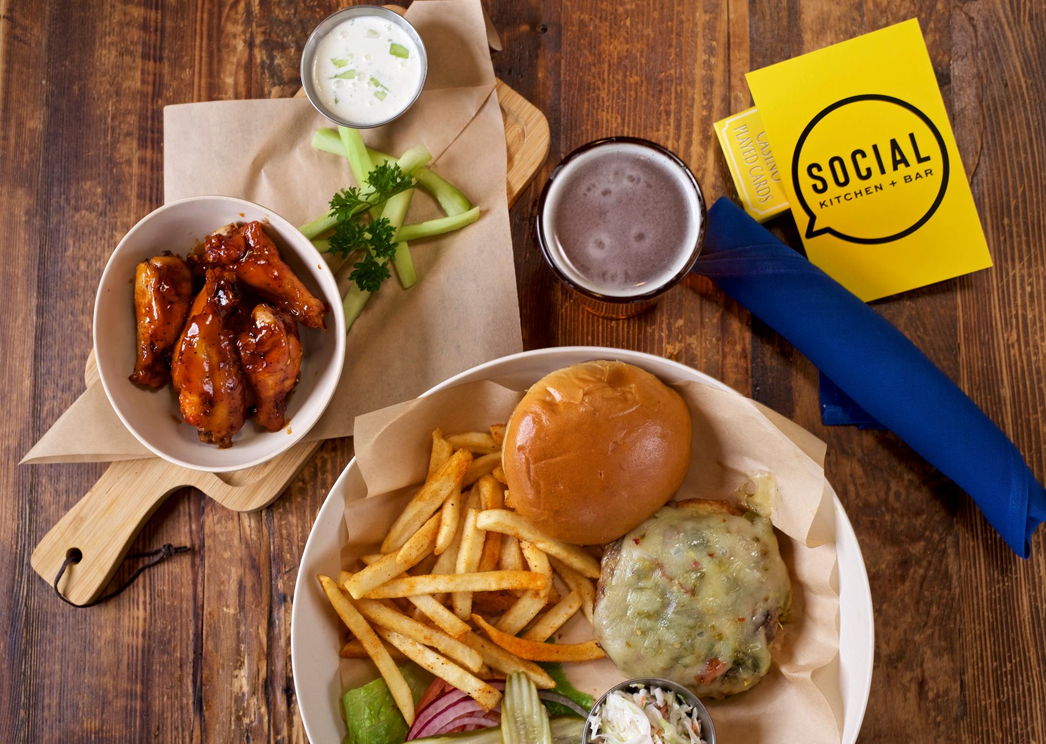 Social Kitchen's burgers and wings.