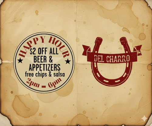 Del Charro Happy Hour flyer 2025